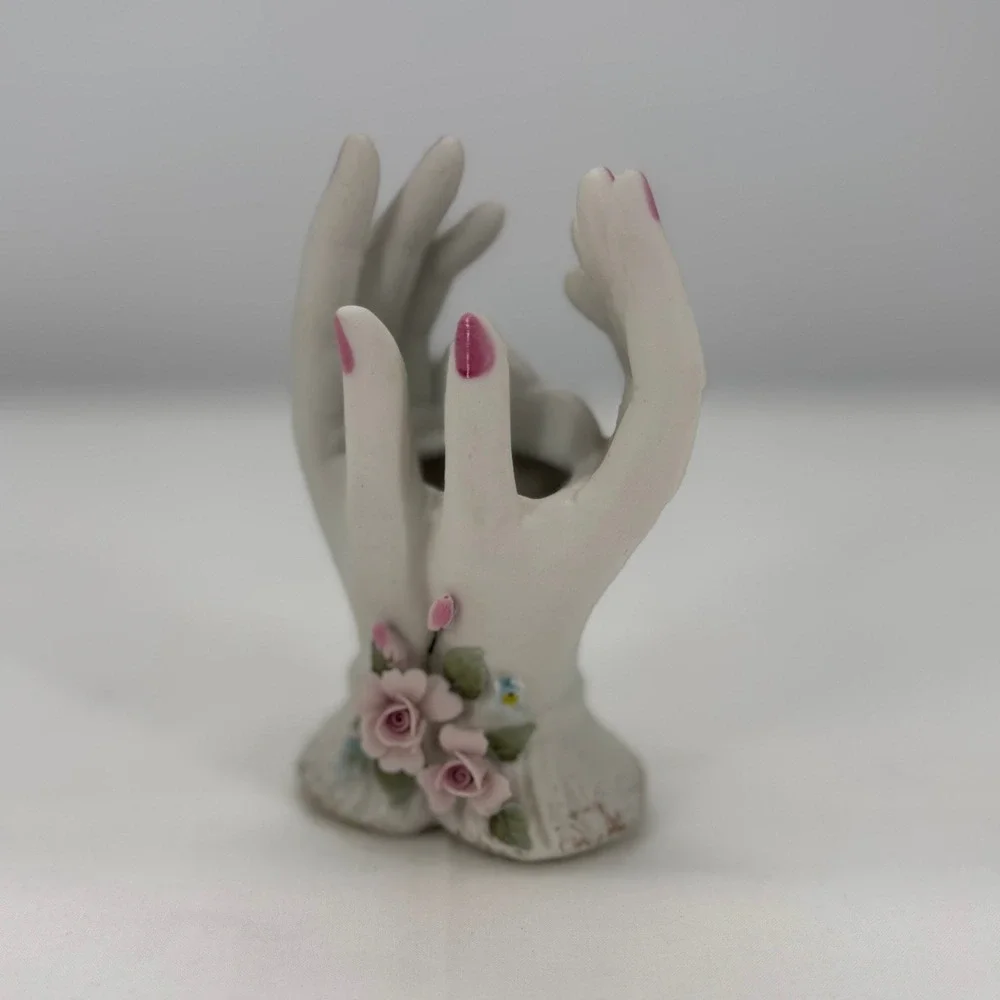Lefton China Vintage Porcelain Hands Vase Figurine Pink Roses 1787 Hand Painted‎